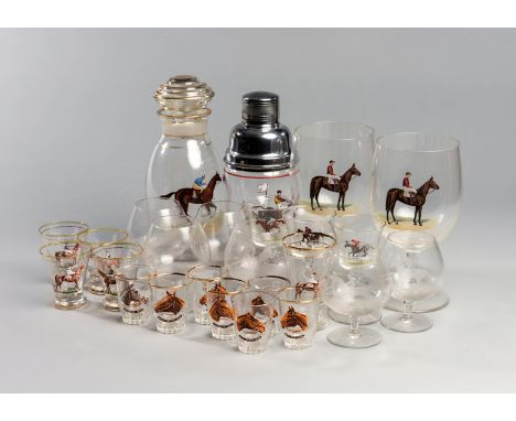 A collection of racing-themed glassware,20th century with enamelled decoration, comprising: decanter & stopper,  cocktail sha