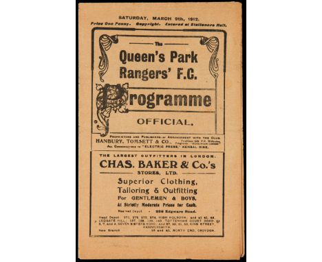 Queen's Park Rangers v Bristol Rovers programme 9th March 1912,Southern League fixture