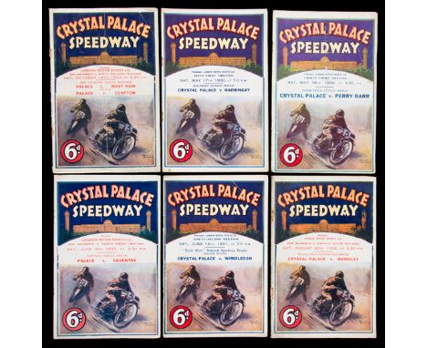 Six early Crystal Palace speedway programmes,v Perry Barr 18.5.1929, Harringay 17.5.30, Wimbledon 13.6.31, Wembley 20.8.32, C