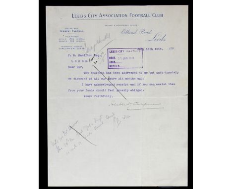 A Leeds City AFC letter signed by club secretary Herbert Chapman and dated 18th January 1916, a rare and early First World Wa