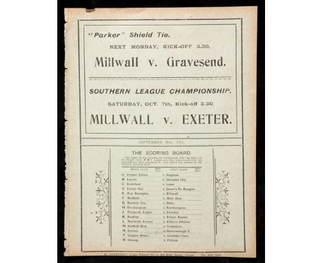 Millwall v New Brompton (Gillingham) Southern League programme 30th September 1911,single-sheet, ex-bound volume