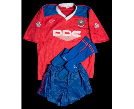 A full Aldershot playing kit season 1991-92,by Ribero with DDC sponsorship logo, red short-sleeved No.9 jersey with Football 