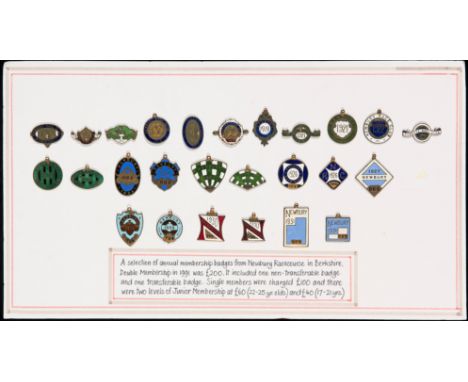 Collection of Newbury races member's badges,a run of a single badge for 1909 to 1914, then 1919, then a run of two badges for
