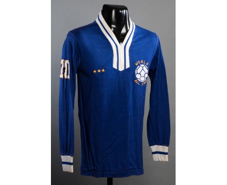 Rivelino match-worm World All Stars No.10 jersey from the UNICEF game v Cosmos at the Giants Stadium 30th August 1978,blue lo