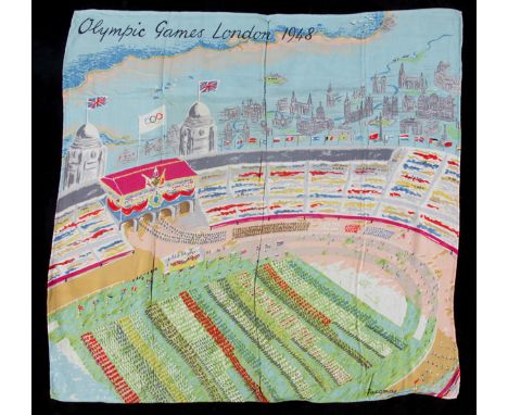 London 1948 Olympic Games ladies scarf,in satinised cotton by Jacqmar, the colourful scene portraying the Opening Ceremony at