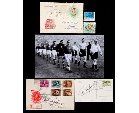 A group of Ferenc Puskas signed memorabilia,i) a Budapest Honved 1950 First Day Coverii) Nepstadion 1955 postmarked postcardi
