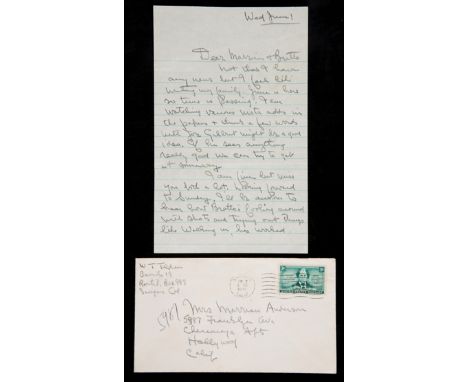 Signed manuscript letter from the tennis champion Bill Tilden to the celebrated American contralto Marian Anderson,complete w