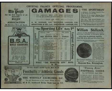 F.A. Cup Final programme Barnsley v West Bromwich Albion played at The Crystal Palace 20th April 1912,usual vertical fold on 