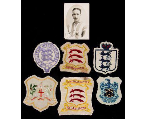 A group of six Fred Bullock representative football shirt badges,comprising Bullock's badges from his one full England Intern