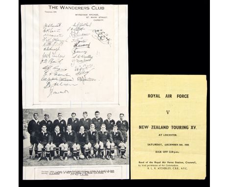 The autographs of the 1945-46 New Zealand Expeditionary Force rugby union touring team to the British Isles & France,in ink o