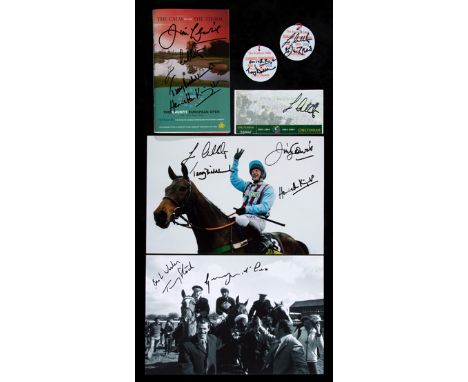 Signed Best Mate 2004 Cheltenham Gold Cup memorabilia,comprising a racecard, a pair of race day badges and an 8 by 12in. colo