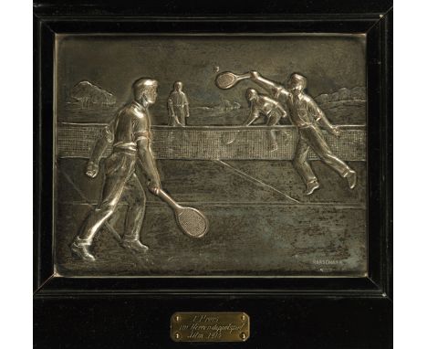 A fine silver-plated metal relief plaque awarded as 1st prize in the Gentlemen's Doubles tournament at Ulm, (Württemberg, Ger