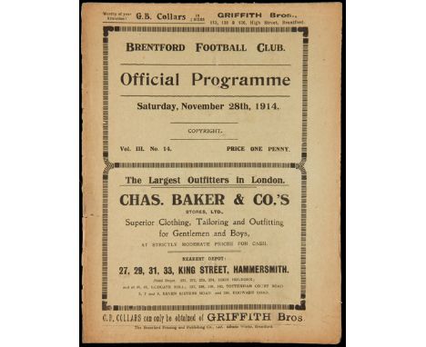 Brentford v Abertillery programme 28th November 1914,paper fragile