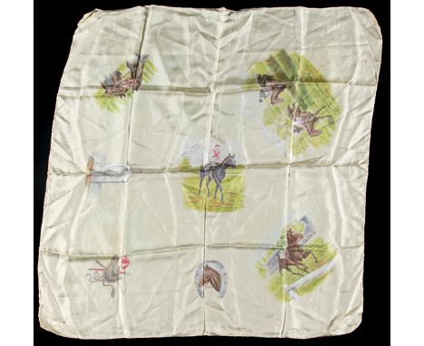 1950s ladies racing scarf with central portrait of the outstanding Italian racehorse Ribot,together with other racing vignett