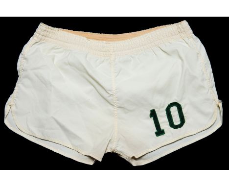 Pele's match-worn shorts from the Cosmos v Portland Timbers NASL match played at the Giants Stadium 17th July 1977,A pair of 