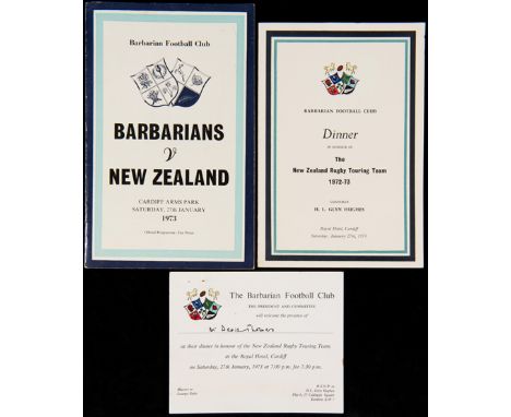 Programme, dinner menu & invitation for the celebrated Barbarians v New Zealand match at Cardiff Arms Park 27th January 1973,