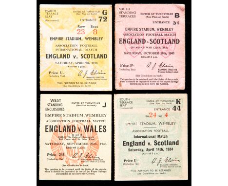 14 England football team ticket collection 1934 to 1945,England v Scotland 1934, 1936 (x3),  then nine wartime internationals