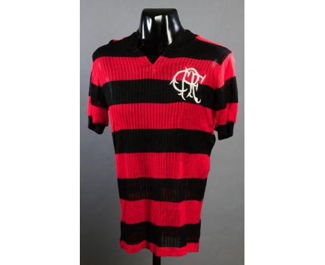 Flamengo red & black hooped No.6 jersey from the match v Cosmos 14th October 1977 at the Maracana Stadium, Rio de Janeiro,sho