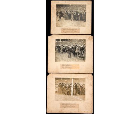 Three original photographs showing the chaotic crowd scenes at the first Wembley F.A. Cup Final in 1923 between Bolton Wander