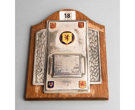 Eric Caldow British International Championship winner's trophy plaque 1961-62,silvered metal set with enamel badges of the ho