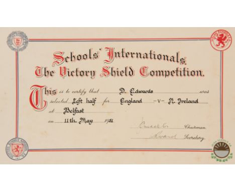 Early item of Duncan Edwards memorabilia: an English Schools' F.A. 'Schools Internationals' certificate for The Victory Shiel