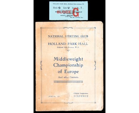 Boxing programme for the Middleweight Championship of Europe contest Bruno Frattini v Tommy Milligan 8th June 1925at Holland 