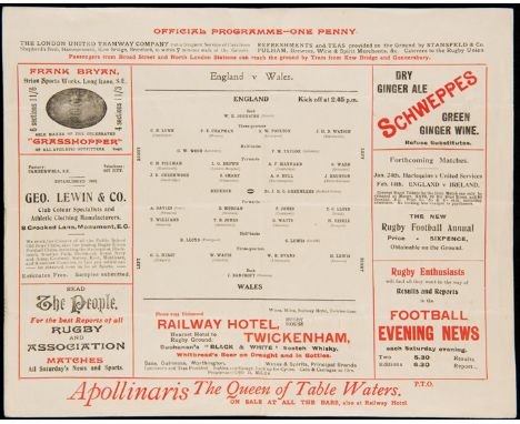 England rugby union international programme from the 1914 Grand Slam season v Wales at Twickenham played 17th JanuaryEngland 
