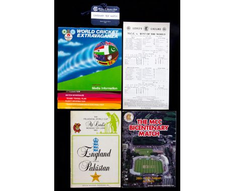 Cricket ephemera,including an autographed copy of the MCC Bicentenary Match souvenir programme; official accreditation, media