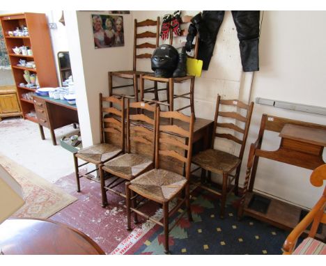 Antique oak drop-leaf table with 6 ladder back chairs