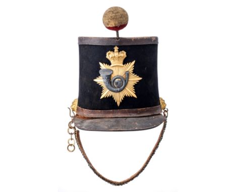 [AP] A MILITIA OFFICER~S SHAKO the cylindrical shako of Albert style, with black leather top and peaks, and black cloth sides