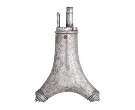 A POWDER FLASK, PROBABLY GERMAN LAST QUARTER OF THE 16TH CENTURY formed entirely of steel, of bifurcated form in imitation of