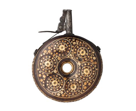 A GERMAN CIRCULAR INLAID POWDER-FLASK, THIRD QUARTER OF THE 17TH CENTURY  with turned fruitwood body of doughnut form, fitted