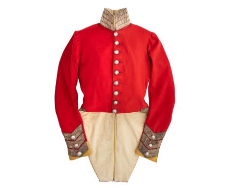 A GEORGIAN OFFICER~S COATEE OF THE 6TH INNISKILLING DRAGOONS the single-breasted scarlet coat with nine regimental buttons to