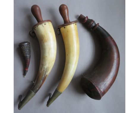 [AP] TWO GUNNER~S FLASKS AND TWO DECORATIVE FLASKS, LATE 18TH/19TH CENTURY the first and second each of polished horn, impres