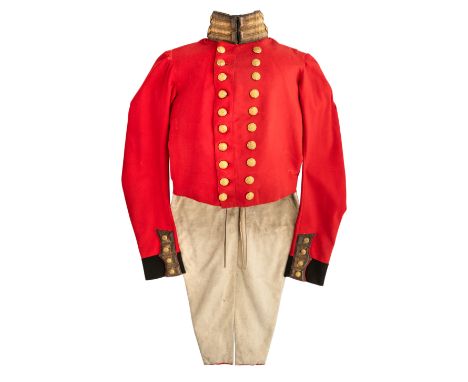 A VICTORIAN INFANTRY OFFICER~S UNIFORM OF THE HEIC ARMY A fine double-breasted scarlet coatee with black facings. Two gold la