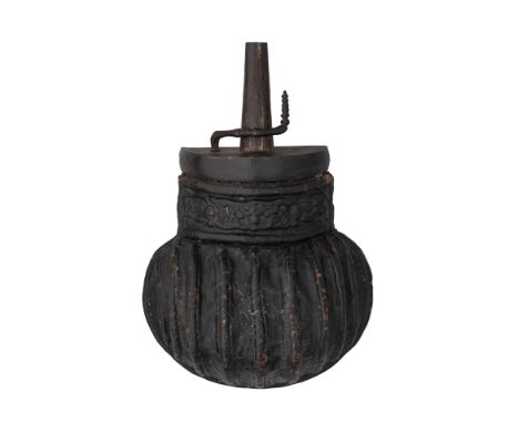 A NORTH ITALIAN CUIR BOUILLI POWDER-FLASK, LAST QUARTER OF THE 16TH CENTURY  with bulbous body formed with a series of vertic