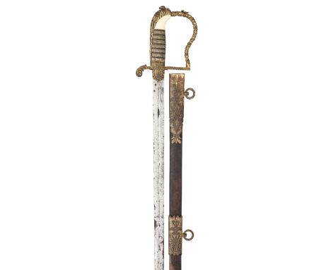 ˜[AP] A NAVAL OFFICER~S SWORD, CIRCA 1810 with straight slender double-edged blade formed with a short fuller and etched with