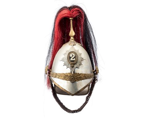 [AP] AN 1871 PATTERN DRAGOON HELMET the good Trooper~s white metal helmet, with brass fittings and a white metal star, black-