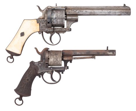 ˜[AP] A 54 BORE BELGIAN LEFAUCHEUX PATENT PIN-FIRE REVOLVER LIÈGE PROOF, CIRCA 1870 AND TWO CONTINENTAL PIN-FIRE REVOLVERS th