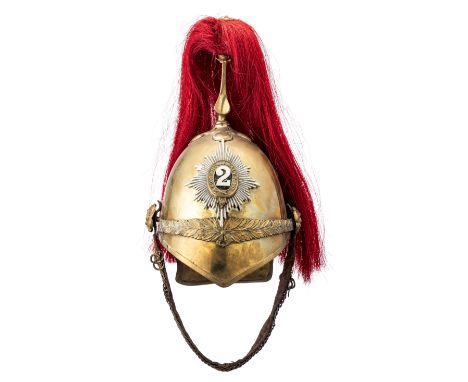 [AP] AN 1871 PATTERN TROOPER~S DRAGOON HELMET, AND ANOTHER probably for the Inniskilling Dragoons, white metal skull, brass f