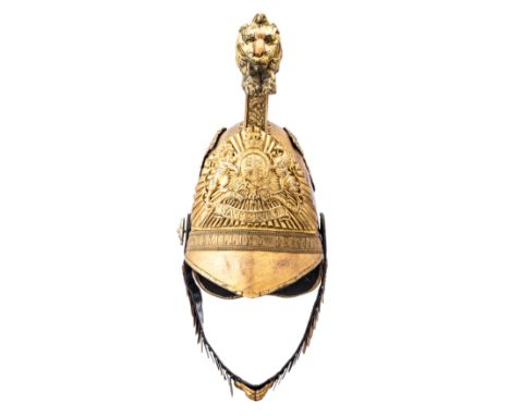 [AP] AN 1834 PATTERN OFFICER~S HELMET OF THE INNISKILLING DRAGOONS with gilt brass skull with rayed front plate mounted with 