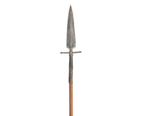 [AP] A MILITARY SPONTOON, MID-18TH CENTURY of regulation type, with diamond-shaped blade, later etched with a coat-of-arms an