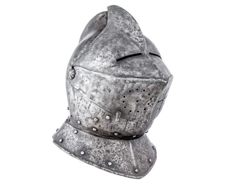 A COMPOSITE EUROPEAN CLOSE HELMET, LATE 16TH/EARLY 17TH CENTURY AND LATER comprising a one-piece skull rising to a high media