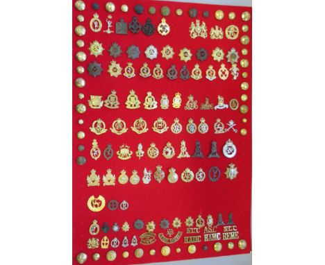 [AP] ARMY CORPS INSIGNIA a board displaying some 47 buttons and a similar number of badges of British Army corps including Ro