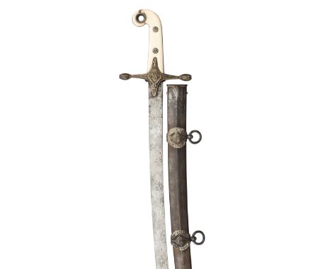 [AP] A VICTORIAN CAVALRY OFFICER~S SWORD WITH MAMELUKE HILT, MID-19TH CENTURY with curved blade double-edged towards the poin