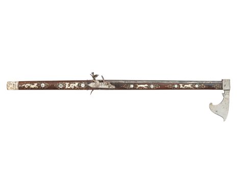 ‡ ˜A FINE SILESIAN COMBINED FLINTLOCK PISTOL AND AXE (FOKOS), LATE 17TH CENTURY with iron barrel retaining some early blued f