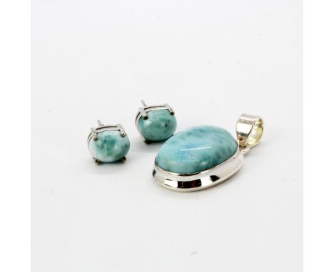 A pair of 925 silver stud earrings set with mixed colour jade/ hardstone. Together with a matching pendant.