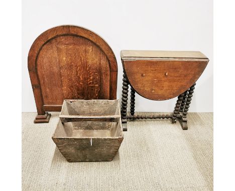 An oak firescreen together with a small drop leaf, gate leg table and a pail bucket, screen 70 x 62cm.