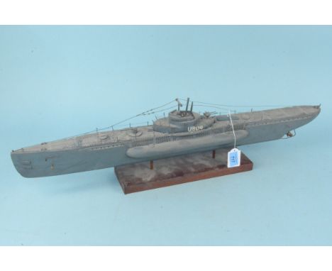 A vintage wooden model of U-boat 804 submarine, 77cm long (some loss to wire work)