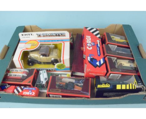 A box of assorted Models of Yesteryear vehicles together with a Corgi Seddon Atkinson tanker and a reference booklet